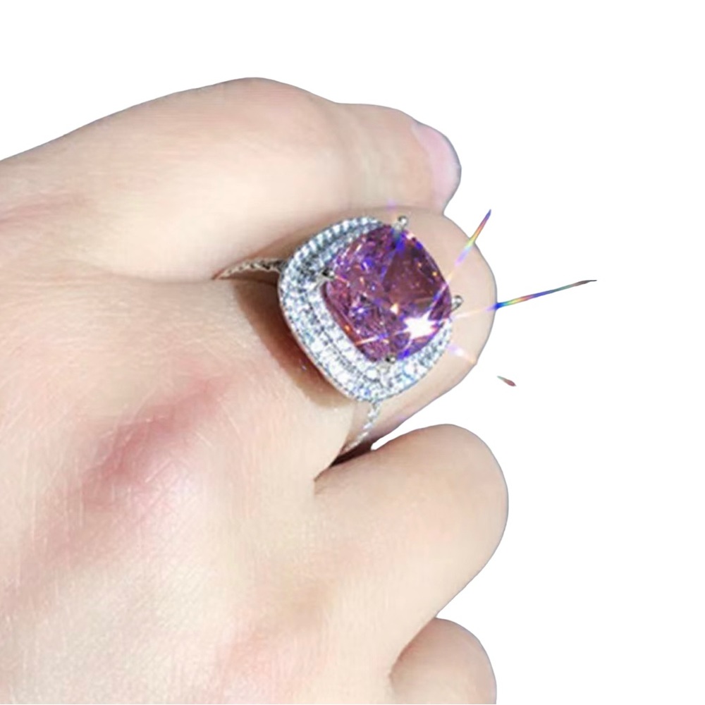 New Large Sparkling Pink Zirconia Diamonds Silver Plated Ring Band Gem Jewelry